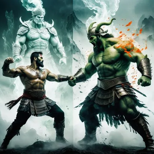 A tall Oger fighting a warrior,warrior and orc,berserkers,orcs,skaar,kombat,kotal,duels,megafight,orishas,giantkillers,fisticuffs,orcish,beastmen,orc,streetfighter,outmatched,goliaths,thrall,outduels,