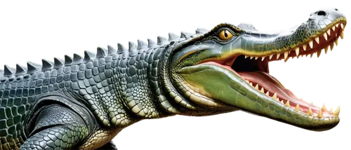 Alligator, side profile, scaly skin, long snout, sharp teeth, powerful jaws, greenish-gray color, rough texture, muscular body, strong tail, swampy atmosphere, warm lighting, shallow depth of field, c