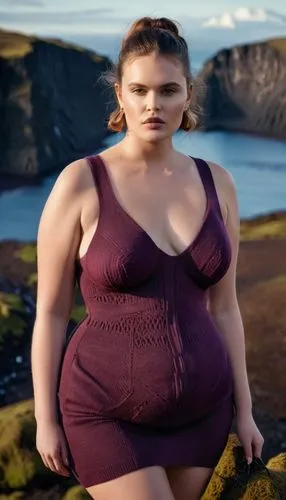 plus-size model,plus-size,croft,orla,female model,fatayer,plus-sized,pregnant statue,celtic queen,pregnant woman,kim,fat,women's clothing,bordafjordur,landscape background,spoil tip,maroon,blowhole,one-piece garment,beach background,Photography,General,Cinematic