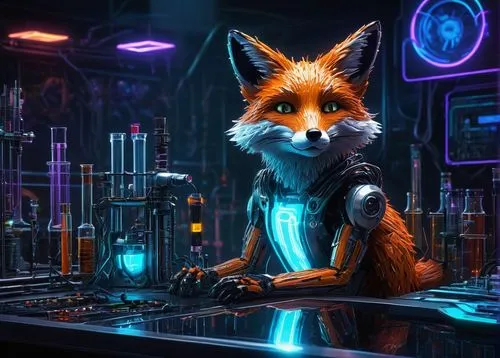 bartender,fox,watchmaker,rocket raccoon,transistor checking,a fox,redfox,cyberpunk,sci fiction illustration,barmaid,guardians of the galaxy,red fox,garden-fox tail,mozilla,tau,laboratory,cyber,cg artwork,apothecary,barman,Illustration,Realistic Fantasy,Realistic Fantasy 33