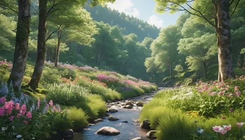 meadow in pastel,forest landscape,meadow and forest,fairy forest,brook landscape,forest glade,forest path,elven forest,meadow landscape,mountain stream,mountain meadow,green meadow,idyllic,fairytale forest,salt meadow landscape,cartoon forest,landscape background,the forest,nature landscape,forest,Photography,General,Realistic