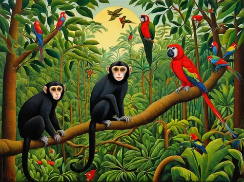 tropical birds,primates,toucans,tropical animals,parrots,monkey family,forest animals,passerine parrots,black macaws sari,birds on a branch,macaws,monkeys band,birds on branch,tropical bird climber,siamang,perching birds,wild birds,great apes,macaws of south america,aviary,Illustration,Abstract Fantasy,Abstract Fantasy 10