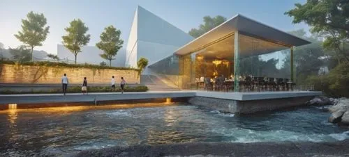 aqua studio,cubic house,pool house,water cube,acquarium,house by the water