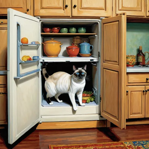 A Siamese cat opening cupboard door in the kitchen.,kitchen cabinet,siamese cat,refrigerator,major appliance,kitchen appliance accessory,dishwasher,domestic animal,domestic cat,kitchen appliance,fridg