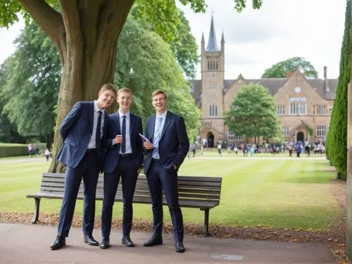 Transform the famous drawing by Bill Denny “Malvern College, Main Building” into a contemporary, high-resolution black and white photo in an impressive way.,three young men are posing by a bench for a