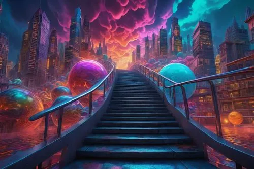 fantasy city,3d fantasy,fantasy world,colorful city,fantasy landscape,heaven gate,dream world,stairway,descent,world digital painting,futuristic landscape,pathway,fantasy picture,stairway to heaven,wonderland,the mystical path,walkway,sci fiction illustration,dreamland,road of the impossible,Photography,Artistic Photography,Artistic Photography 15