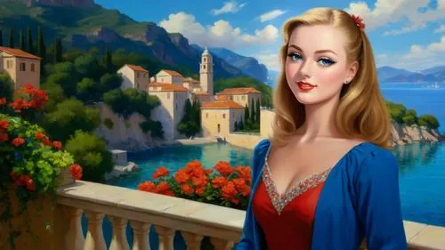 Romantic masterpiece oil painting, cute girl portrait, nostalgic 1950's style kitsch, breathtaking beautiful landscape, majestic scenery, Belagio promenade, sunlit stroll, village hideaway, riviera, h