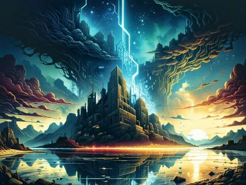 a surreal painting with an alien castle in the background,fantasy picture,fantasy landscape,eragon,beautiful wallpaper,fantasy art,dragonstone,Illustration,Realistic Fantasy,Realistic Fantasy 25