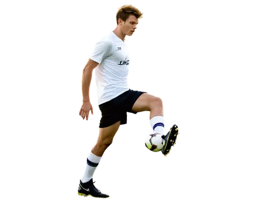 Male soccer player, dynamic action, kicking ball, strong muscular legs, fit athletic body, short messy hair, sweat droplets on face, white jersey with number, black shorts, shin guards, grassy field, 