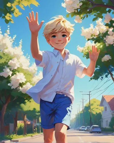 summer day,kids illustration,springtime background,spring background,summer background,holding flowers,digital painting,children's background,child in park,summer bloom,picking flowers,darjeeling,waving hello,sunny day,blue jasmine,hand digital painting,boy praying,child portrait,child boy,waving,Conceptual Art,Fantasy,Fantasy 19