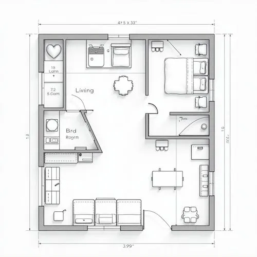 "Create a detailed and professional architectural floor plan of a small loft. The design should feature open spaces with an emphasis on modern aesthetics. Include areas for a living room, kitchen, and