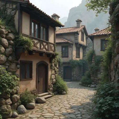 medieval street,stone houses,alpine village,mountain settlement,house in the mountains,house in mountains,mountain village,rivendell,nargothrond,knight village,basque country,narrow street,carmel,maisons,riftwar,provencal,highstein,cottages,meteora,cobblestone,Photography,General,Realistic