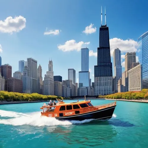 Chicago cityscape, 90-minute architecture boat tour, daytime, sunny weather, calm Lake Michigan water, modern skyscrapers, historic buildings, Willis Tower, Navy Pier, ornate bridges, wooden boat, tou