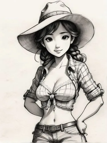 cowgirl,straw hat,countrygirl,cowgirls,straw hats,retro girl,sun hat,cowboy hat,park ranger,panama hat,country dress,nami,vintage drawing,the hat-female,high sun hat,retro woman,cowboy plaid,cow boy,fedora,girl wearing hat,Illustration,Paper based,Paper Based 30