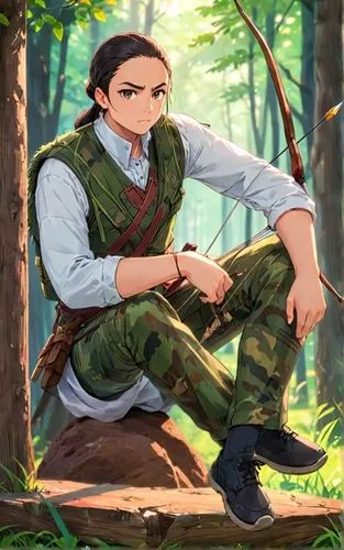 male elf,ivan-tea,cargo pants,katniss,male character,girl sitting,archer,belarus byn,kosmea,scout,child is sitting,khaki pants,sits on away,woman sitting,anime japanese clothing,sit,gi,konstantin bow,holding a gun,sitting