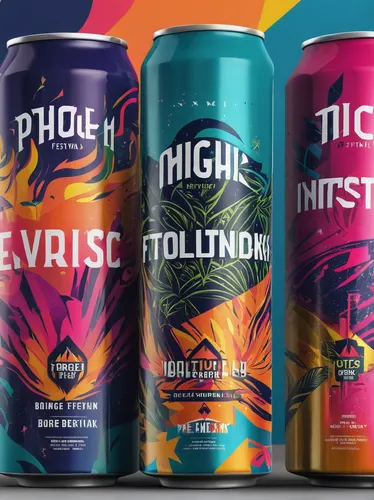 Design a high-energy music festival inspired by energy drinks.,packshot,cans of drink,fuller's london pride,delight island,colorful drinks,neon light drinks,gluten-free beer,rich flavour,beverage cans