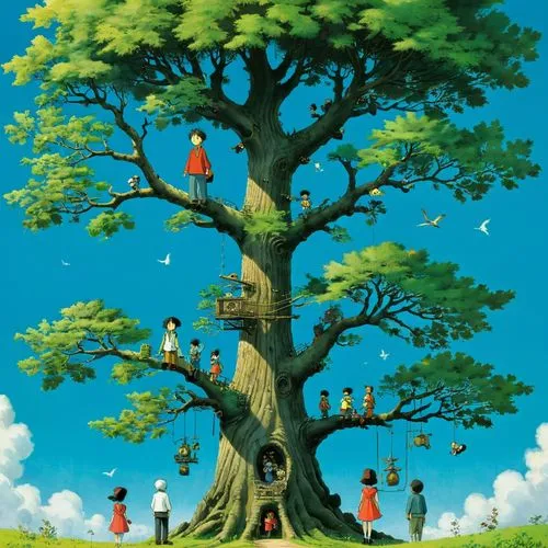 генеалогическое древо,children are standing in the ladders that make up the tree,cartoon forest,the japanese tree,baobabs,ghibli,bird kingdom,treepeople,tree house,studio ghibli,hokka tree,treehouse,t