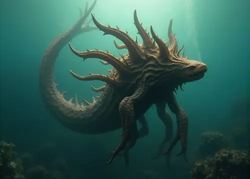 potwór,bajkowy,brązowy,osiem głów,3 ogony,płetwy,pod wodą,the dragon swims with its mouth open under water,tentaculata,kraken,tentacular,deepsea,gravemind,water creature