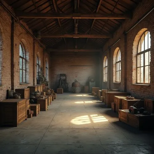 factory hall,fabrik,industrial hall,warehouse,locomotive shed,maschinenfabrik,waggonfabrik,refectory,freight depot,schoolroom,empty interior,brickworks,locomotive roundhouse,empty factory,old factory building,old factory,manufactory,mailroom,laboratories,workbenches,Photography,General,Realistic