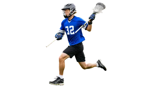 lacrosse player, athletic young man, muscular arms, helmet, goggles, mouthguard, stick, ball, dynamic pose, running, jumping, throwing, catching, sweaty uniform, sporty shoes, grass field, sunny day, 