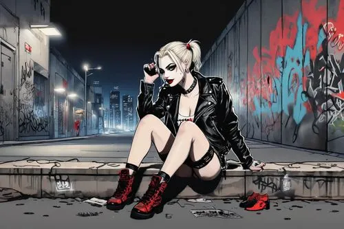 Harley Quinn, short spiky hair, ponytail holder, colorful hair clips, bold red lips, heavy black eyeliner, pale skin, tattoos on arms, black leather jacket, ripped denim shorts, fishnet stockings, com