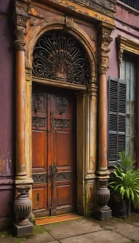 Old, worn, historic architectural salvage, New Orleans, Louisiana, French Quarter, vintage wooden doors, ornate iron gates, rusty metal lanterns, distressed brick walls, crumbling stone columns, faded