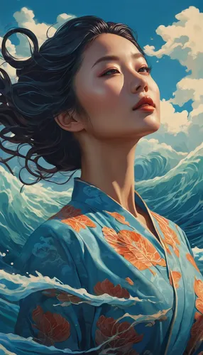 the wind from the sea,japanese waves,world digital painting,ocean,wind wave,japanese wave,ocean waves,japanese art,ocean background,oriental painting,sea,mulan,god of the sea,芦ﾉ湖,sea breeze,digital painting,薄雲,tidal wave,geisha,siren,Photography,General,Cinematic