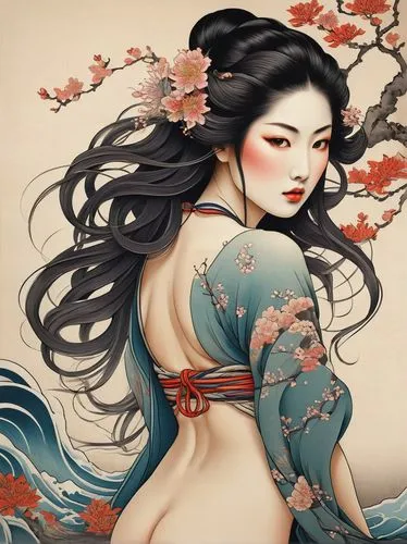 japanese art,oriental princess,oriental girl,oriental painting,kommuna,geisha girl,Illustration,Black and White,Black and White 26