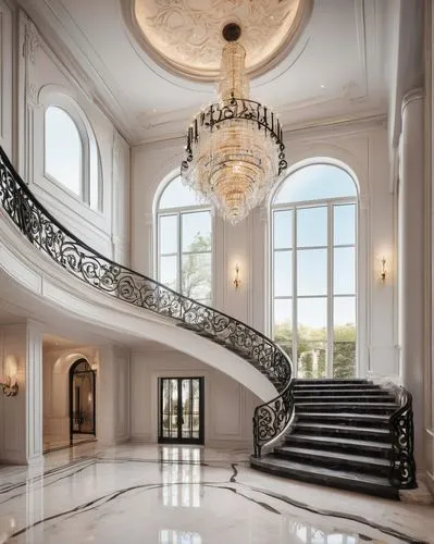 luxury home interior,winding staircase,circular staircase,staircase,marble palace,luxury property,balustrade,luxury home,outside staircase,palatial,palladianism,mansion,balustrades,ornate,banisters,foyer,cochere,opulently,baccarat,ornate room,Photography,Documentary Photography,Documentary Photography 25