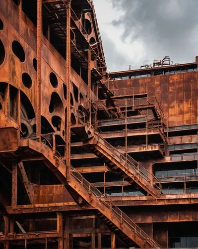 Modern corten steel architecture, brutalist building, solo, abstract composition, geometric shapes, rusty red corten steel, clean lines, minimalist design, urban landscape, cityscape, overcast sky, dr