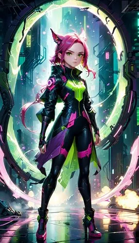 A realistic full-body portrayal of a female superhero, inspired by Blink of the Marvel Comics. She has magenta-pink skin and pointed ears, her bright green eyes standing out. Her costume is a mix of g