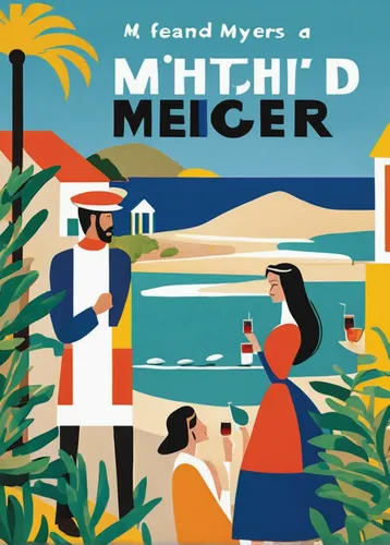 Craft a romantic story set in a picturesque beach town where Mitch Myers meets his soulmate unexpectedly.,travel poster,cd cover,mar menor,meander,mayotte,moorea,martinique,book cover,ms island escape