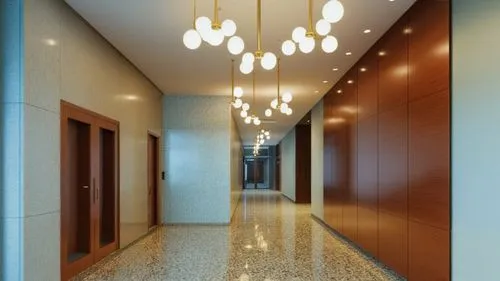 lobby, entrance, photorealistic,a room with white wall and brown wooden doors,hallway space,hallway,corridor,corridors,foyer,search interior solutions,contemporary decor,entryway,ceiling light,entrywa