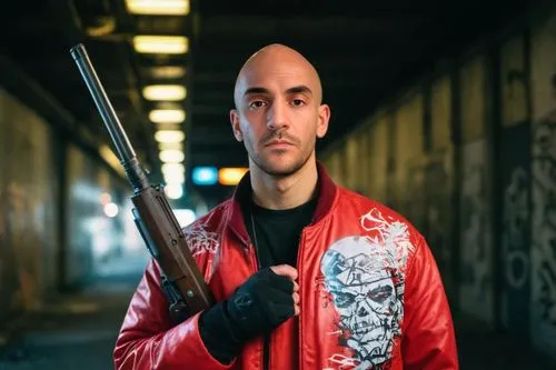 Bald adult wearing a red jacket holding a weapon, urban city environment, Grunge style, red and white graffiti,,assassin,sniper,man holding gun and light,gangstar,pistol,holding a gun,gun,marksman,sho