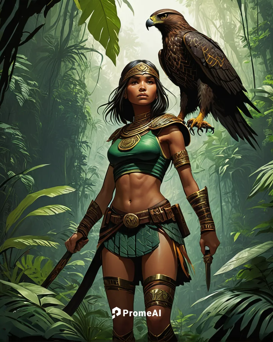 Imagine a hawk girl protecting a hidden civilization in an ancient jungle filled with mysteries.,female warrior,polynesian girl,warrior woman,bird of prey,harris's hawk,pocahontas,falconer,bird bird-o