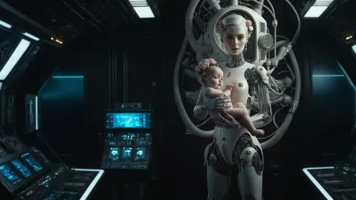 Añade el interior de una nave espacial con muchos controles y luces y un niño robot,sci fi surgery room,valerian,district 9,passengers,cyborg,andromeda,sci fi,star mother,scifi,sci - fi,sci-fi,echo,fl