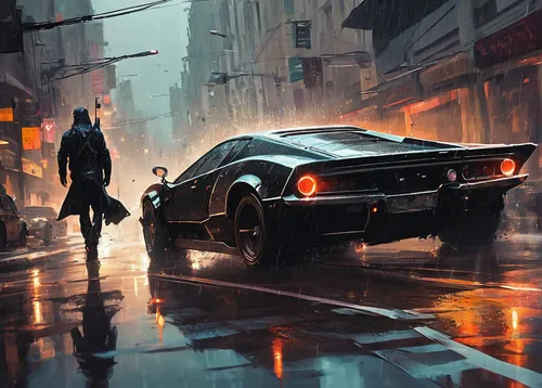 jaguar xj13,bmw 507,jensen interceptor,etype,chevrolet corvette,street canyon,jaguar e-type,futuristic car,ferrari daytona,cyberpunk,lamborghini espada,jaguar d-type,corvette,ferrari 250 gt drogo,sci fiction illustration,iso grifo,db5,corvette stingray,porsche 914,pedestrian,Conceptual Art,Fantasy,Fantasy 06