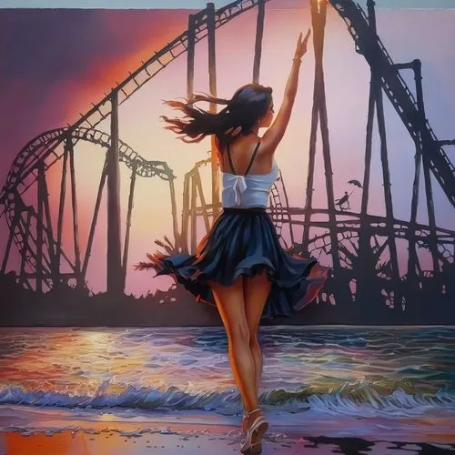 dance with canvases,girl on the river,ballerina girl,photo painting,oil painting on canvas,oil painting,girl walking away,cantilever bridge,art painting,little girl twirling,fabric painting,girl in a 