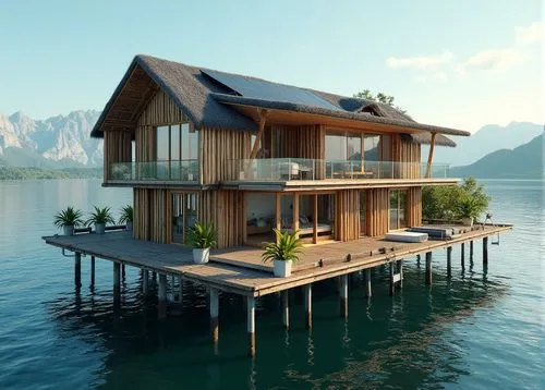 32k photo-realistic, high definition, hyper-realistic Bajo Stilt House combined with the elegance of an Austrian lakeside villa. The stilt structure is retained, but the traditional bamboo and wood ar