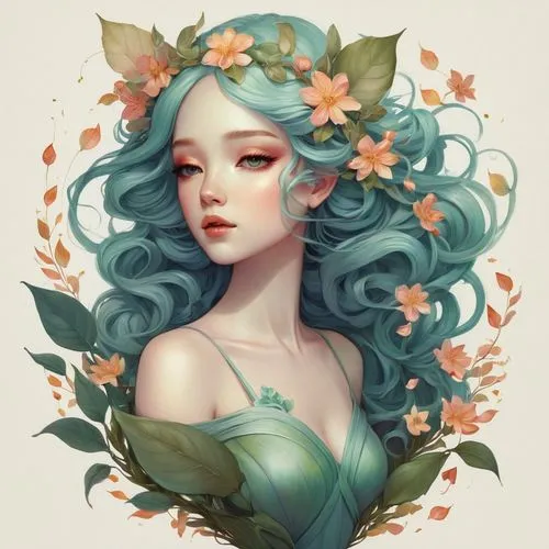 persephone,flower fairy,gardenias,ophelia,blooming wreath,dryad,mint blossom,flora,elven flower,flower girl,girl in a wreath,camellia,girl in flowers,spring crown,peignoir,jasmine blossom,diwata,floral wreath,fairie,amphitrite,Illustration,Realistic Fantasy,Realistic Fantasy 15