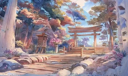 violet evergarden,fantasy landscape,studio ghibli,sakura trees,japanese sakura background,watercolor background,sakura background,sakura tree,background with stones,mushroom landscape,landscape backgr