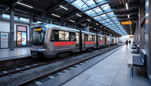 Futuristic tram station, sleek metallic surfaces, neon-lit signage, LED displays, polished concrete floors, silver-toned steel beams, glass roofs, modern minimalist design, high-gloss finishes, dynami