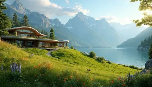 house in the mountains,home landscape,house in mountains,landscape background,alpine landscape,fantasy landscape,meadow landscape,beautiful landscape,summer cottage,nature landscape,house with lake,mountain settlement,mountain meadow,alpine village,the cabin in the mountains,suisse,the alps,seclude,mountain huts,alpine meadow,Photography,General,Realistic