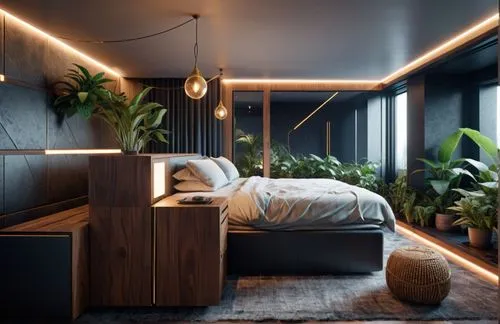 a modern bedroom with a green plant and bed,sleeping room,modern room,bedrooms,bedroom,modern decor,nightstands,Photography,General,Sci-Fi