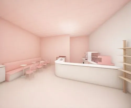 A bakery in pale pink and coral colors, light slated wood, modern minimalist bright, white ceiling,beauty room,cosmetics counter,the little girl's room,treatment room,baby room,kitchenette,examination