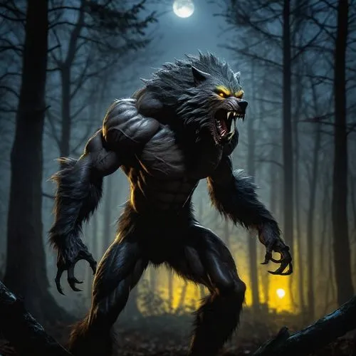 Muscular werewolf, full moon, standing, howling, sharp claws, furry body, ripped abs, strong legs, powerful chest, glowing yellow eyes, sharp teeth, dark forest, misty atmosphere, spooky trees, creepy