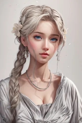 elsa,fantasy portrait,jessamine,fairy tale character,eglantine,white rose snow queen,digital painting,rapunzel,elven,girl portrait,world digital painting,eufiliya,white lady,cinderella,braid,the snow queen,katniss,mystical portrait of a girl,violet head elf,princess' earring,Common,Common,Natural