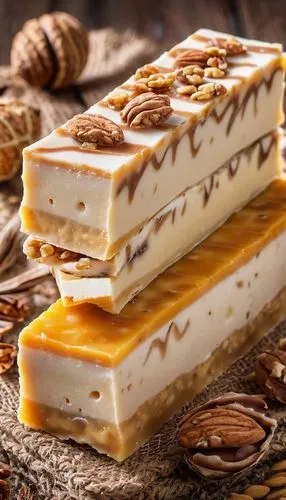 Turrón-Spanish nougat with beautiful garnishing,torrone,nut-nougat cream,turrón,layer nougat,nougat,mille-feuille,nougat corners,caramel shortbread,dulce de leche,cream slices,semifreddo,coffee soap,b