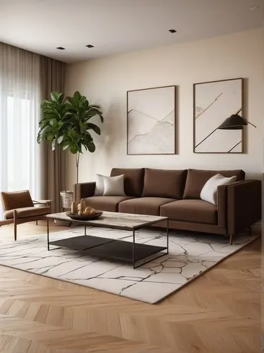 Modern living room, drywall interior, 3/4 composition, softbox lighting, minimalist decor, cream-colored walls, rectangular shape, smooth texture, warm beige tone, wooden floor, dark brown color, glos