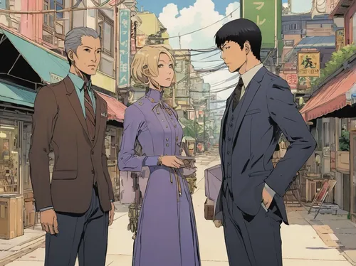 anime japanese clothing,lupin,ginza,iron blooded orphans,businessmen,darjeeling,violet evergarden,china town,frock coat,anime cartoon,business men,street scene,one-piece garment,kado,mobster couple,suits,overcoat,media player,them,highball,Illustration,Japanese style,Japanese Style 10